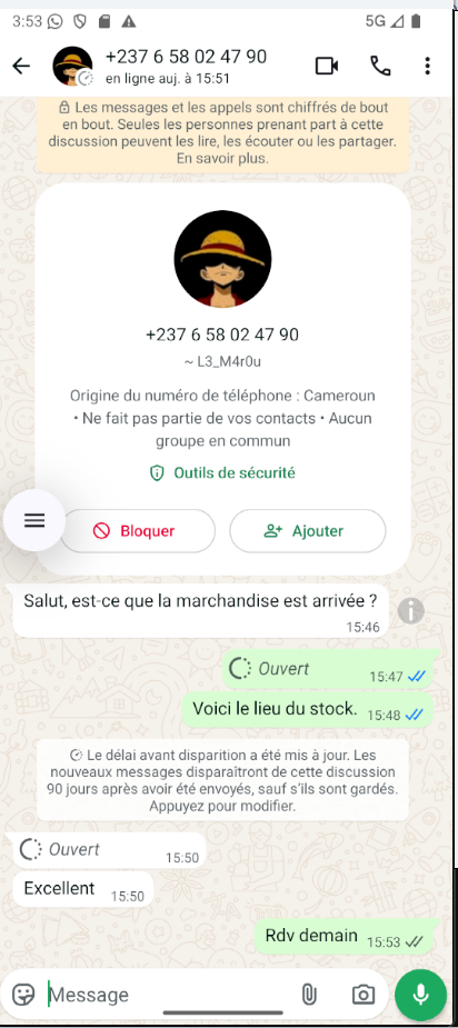 Vue utilisateur WhatsApp message supprimé